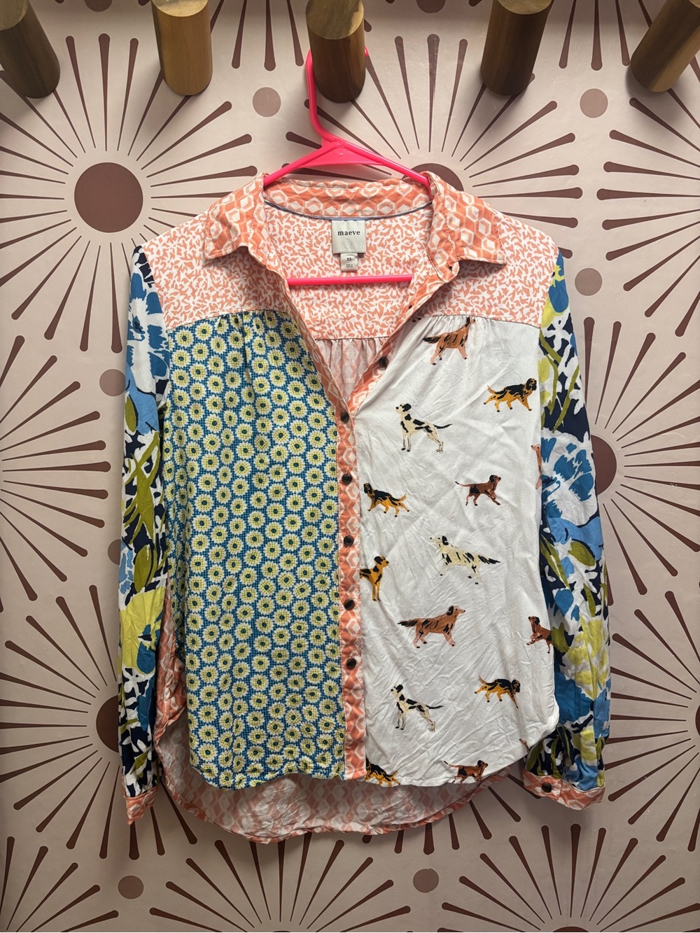 Maeve Anthropologie Multi-Print Button-Up Shirt in Coral, Blue & White - SX